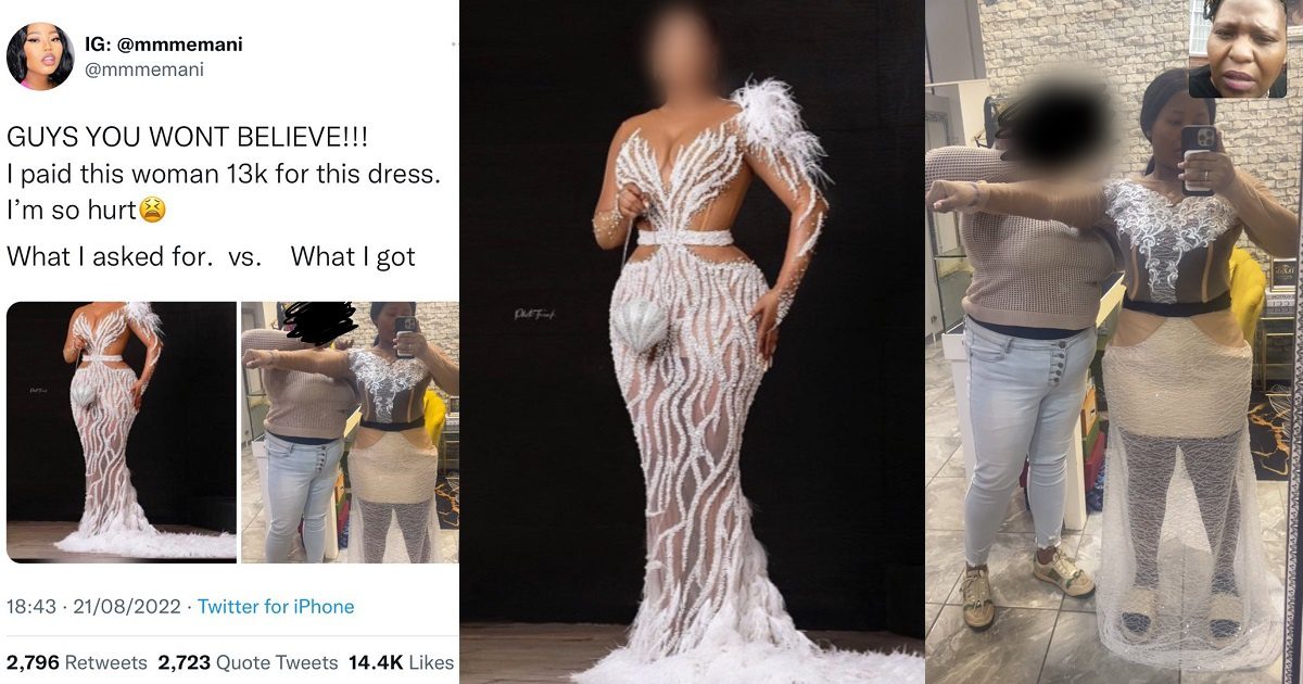 Mujer sudafricana comparte una foto del vestido que daña y lo que obtuvo después de pagar 13 mil rand (₦ 323 mil)